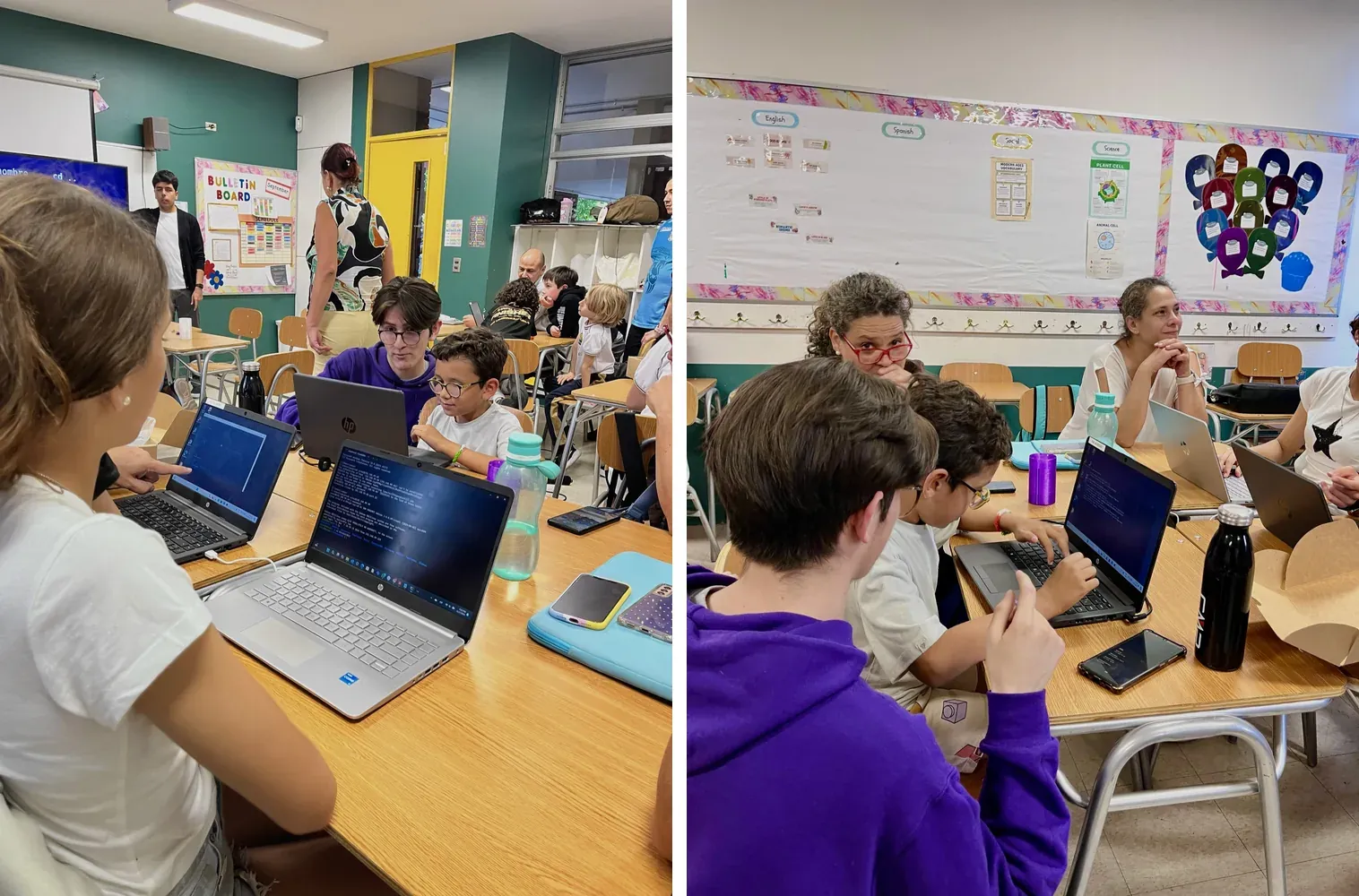 Two views of a school classroom during the workshop: students and teachers at laptops running Linux terminals
