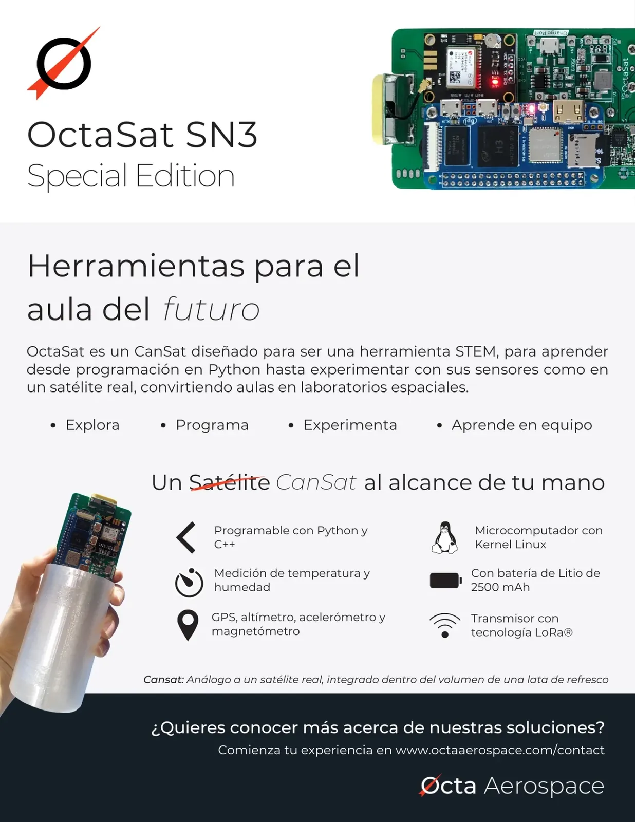 The OctaSat SN3 one-pager, listing its sensors, radio, battery and programming languages